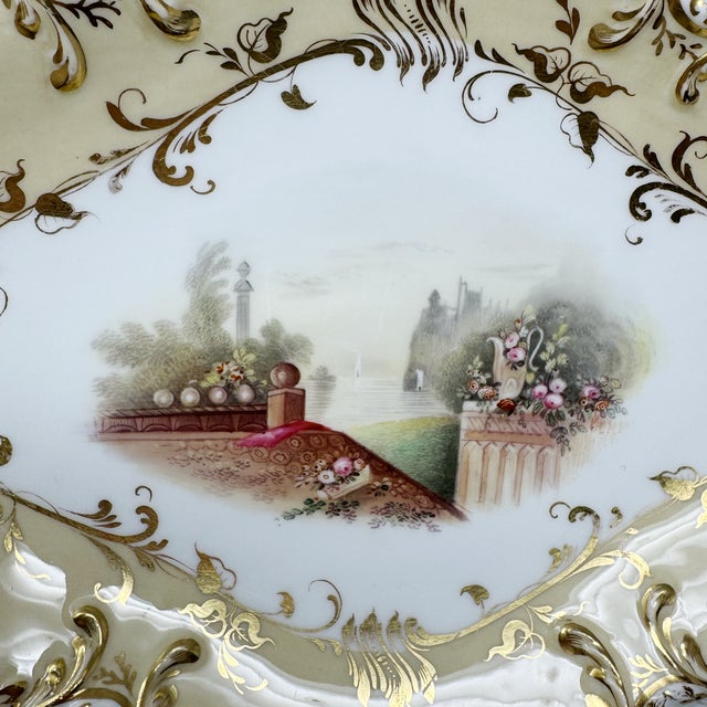 Antique Victorian Yellow & Gold Porcelain Serving Dish Platter Pierced Handles For Sale - Image 4 of 5