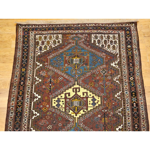 Vintage Persian Qashqai Tribal Area Rug, Handwoven Geometric Pattern, Rust Red & Ivory, 4’ X 6’ For Sale In Chicago - Image 6 of 12