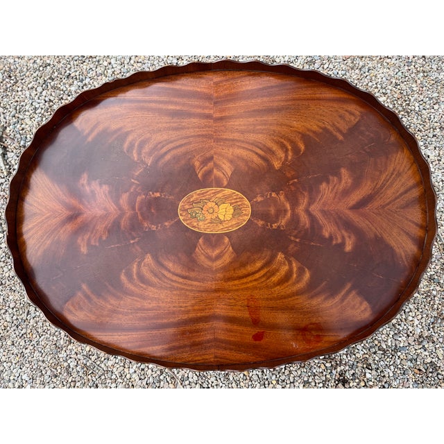 1980s Councill Coffee Table Piecrust With Inlaid Medallion Flame Mahogany For Sale - Image 5 of 8