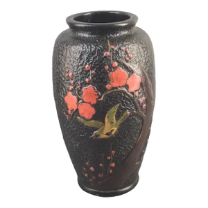 Early 20th Century Japanese Tokanabe Ware Black Red Pottery Vase Birds Marked Japan