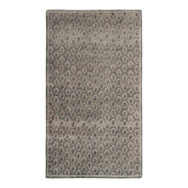 Rug & Kilim’s Block Print Rug in Gray and Purple Floral Pattern For Sale