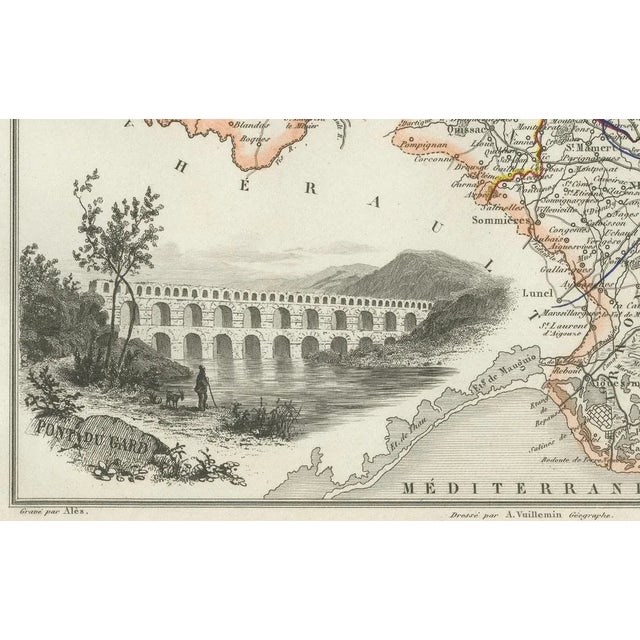 Map of Gard France with Pont Du Gard and Wine Regions by Vuillemin, 1800s For Sale - Image 6 of 10