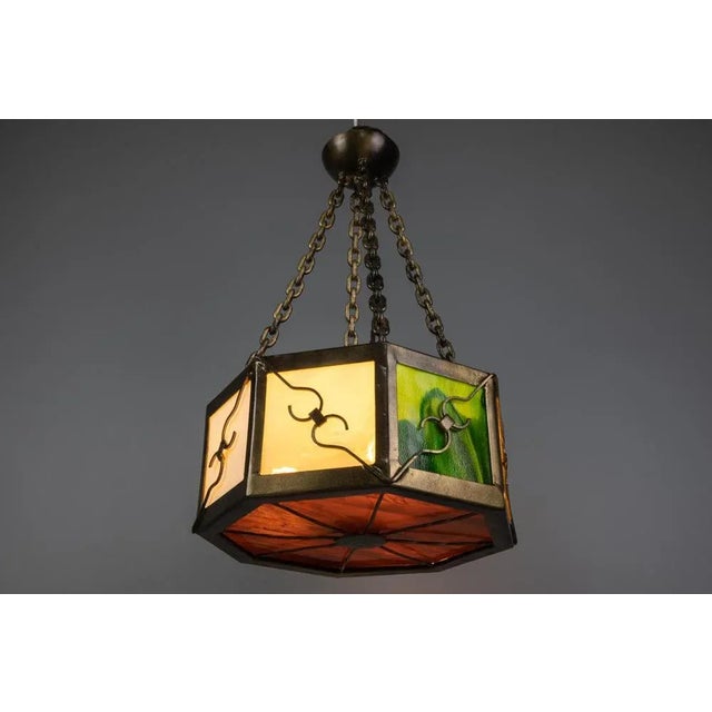 Mid-Century Octagonal Patinated Metal and Art Glass Pendant Light, Germany For Sale - Image 11 of 18