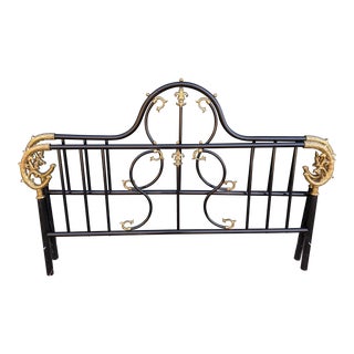 1980s King Metal Bed Frame Black Enamel with Gold Acanthus & Fluer De Lis Accents For Sale