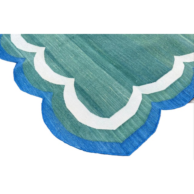 Not Yet Made - Made To Order Handmade Cotton Area Scalloped Rug Forest Green, Cream and Royal Blue Border Dhurrie - 8'x10' For Sale - Image 5 of 11