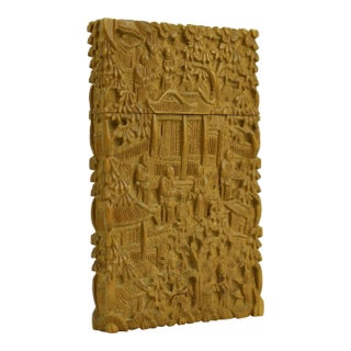 Antique 19th Century Hand Carved Chinese Intricate Canton Wooden Card Case For Sale