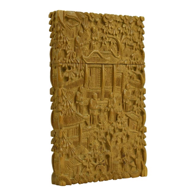 Antique 19th Century Hand Carved Chinese Intricate Canton Wooden Card Case For Sale