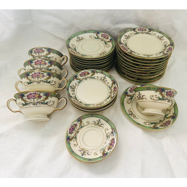 Vintage "Hathaway" by Black Knight China, green with boarder of gold, floral pattern in pinks, blues, cream color...