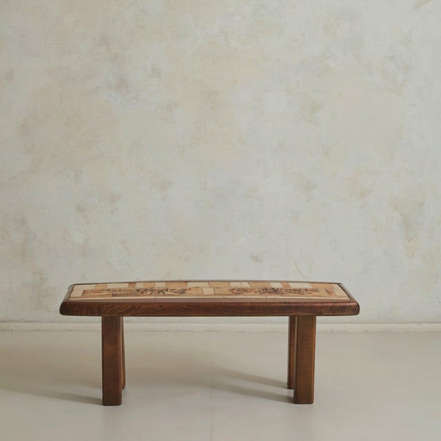 French Ash Wood + Ceramic Tile Coffee Table Bird Motif by Roger Capron, 1960s For Sale In Chicago - Image 6 of 11