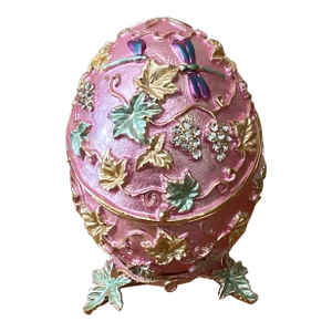 Mid 20th Century Faberge Style Egg Jewelry Box Enamel Surface With Sparkling Rhinestone Inlaid