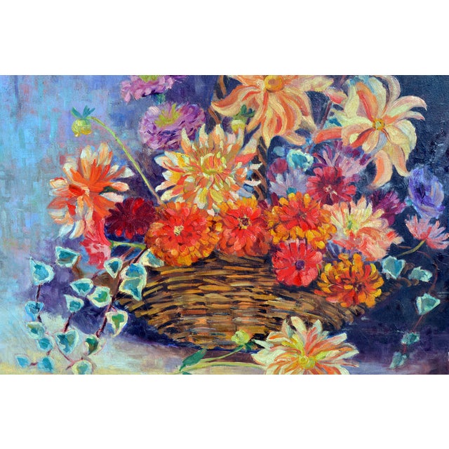 American Basket of Summer Flowers Still Life, Oil on Canvas, Signed, 1946 by Muriel F. Merritt For Sale - Image 3 of 5