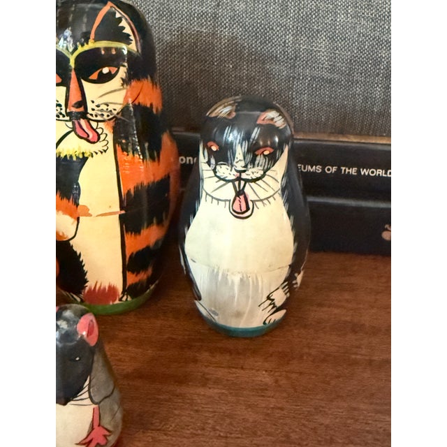 Hand-Painted Folk Art Cat and Mouse Nesting Dolls - Set of 5 For Sale - Image 6 of 11