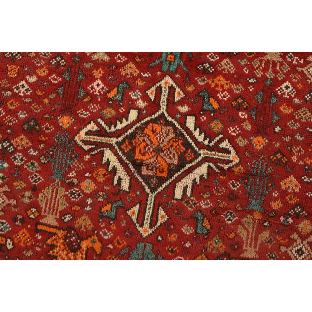 Textile Shiraz Rug 3’10” X 5′ Red Wool Vintage Tribal Hand-Knotted Oriental Carpet For Sale - Image 7 of 13