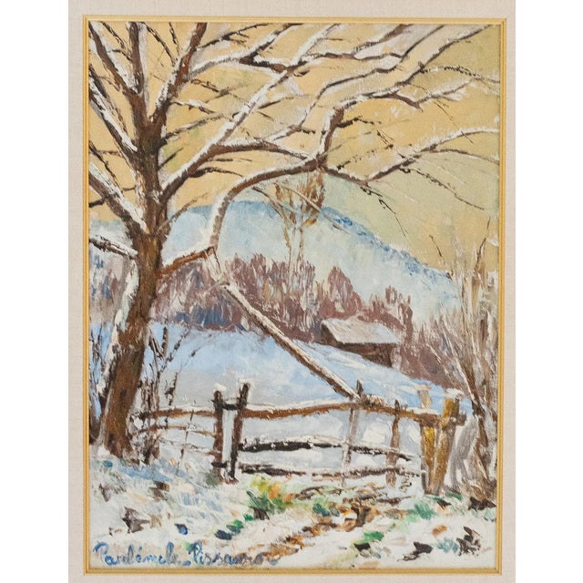 Original oil on canvas depicting a winter landscape with a snow-covered tree, rustic fence, and a house in the background....