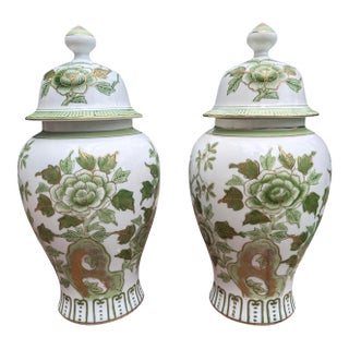 Vintage Chinoiserie Porcelain Green Botanical Ginger Jars- A Pair For Sale