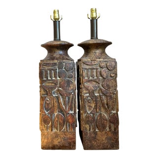Vintage Abstract Carved Ceramic Lamps - A Pair For Sale