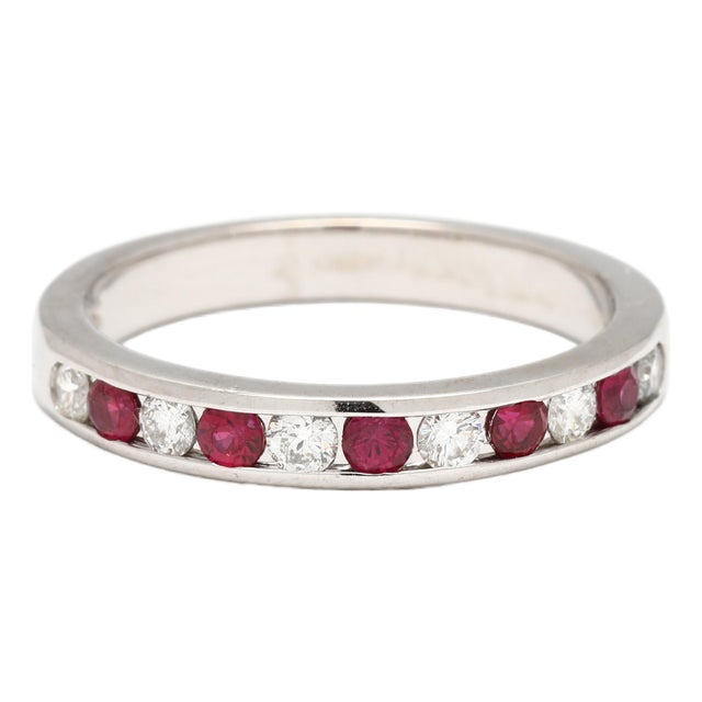 0.61ctw Ruby and Diamond Channel Band Ring, 18k White Gold, Ring Size 6.25 For Sale