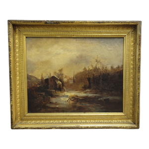 Antique Framed English Oil Painting of a Mill in Winter