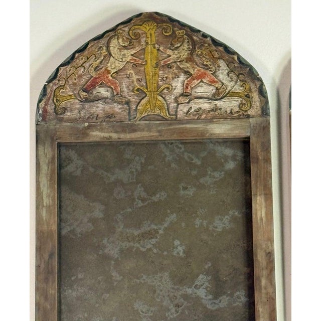 Wood Pair of 19th Century Painted Folk Art Arched Mirrors With Heraldic Lion Crests For Sale - Image 7 of 13