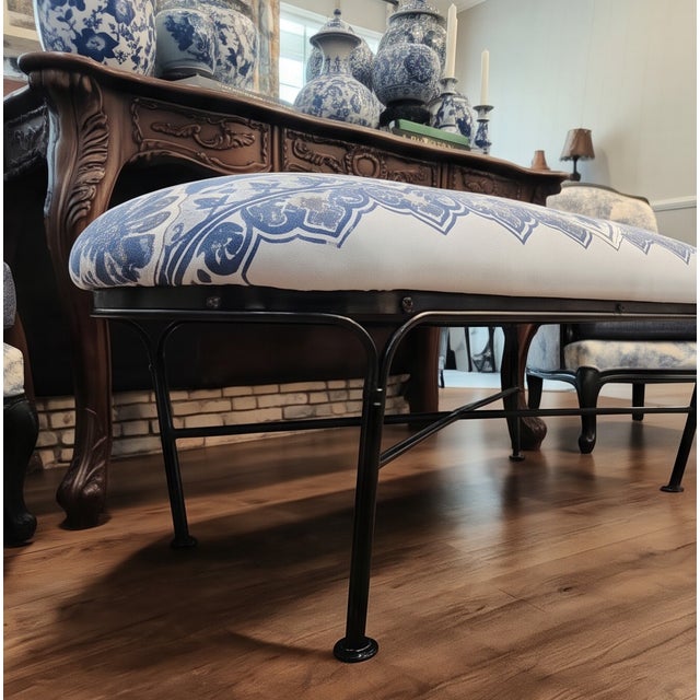 Custom Blue & White Chinoiserie Upholstered Bench With Black Iron Base For Sale - Image 4 of 8