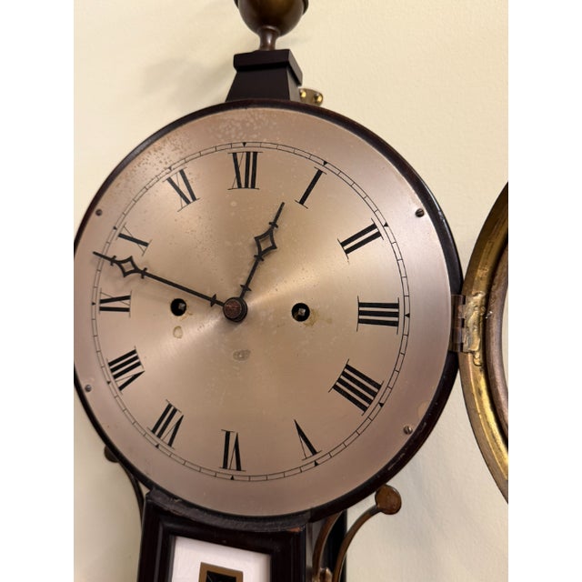 Coffee Early 19th Century New Haven Banjo Clock, Dark Mahogany Case, Reverse Painted Glass, Mt. Vernon Tablet, 8-Day Movement For Sale - Image 8 of 9