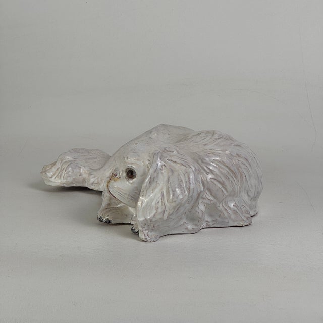 Mid 20th Century Vintage French White Tin Glaze Terracotta Pekinese Dog Sculpture With Glass Eyes For Sale - Image 5 of 9