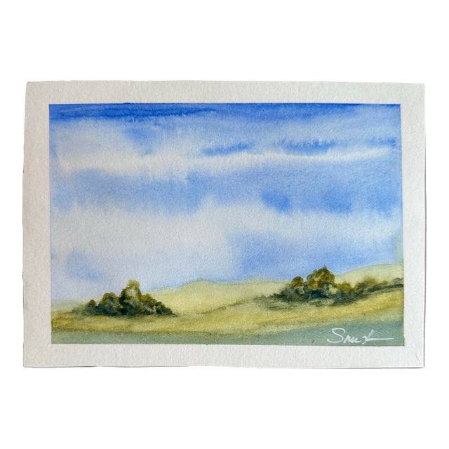 “Quiet Hills Beneath Blue Skies” Original Watercolor Landscape by Nancy Smith For Sale