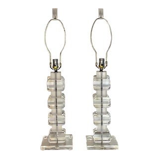 Pair of Vintage 1970s Clear and Frosted Lucite Chunky Stacked Table Lamps For Sale