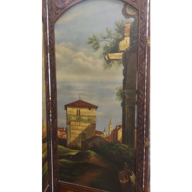 19th Century 19th-Century Replica Three-Panel Folding Screen — Oil-Painted Italian Landscapes With Carved Walnut Frame & Marquetry Inlay For Sale - Image 5 of 10