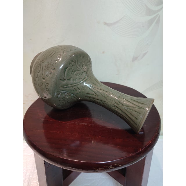 Chinese Ceramic Vase Yaozhou Ware Celadon Vase Hand Carved Flowers Pattern For Sale - Image 10 of 12