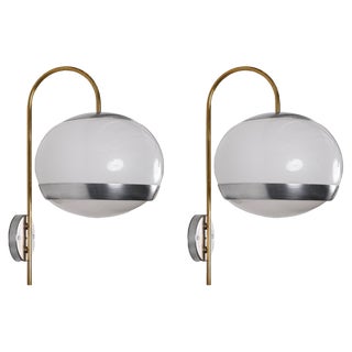 Italian Sconces in White Acrylic Glass and Brass from Stilux, 1970s, Set of 2 For Sale