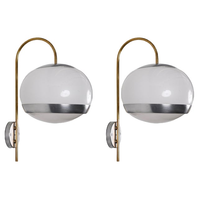 Italian Sconces in White Acrylic Glass and Brass from Stilux, 1970s, Set of 2 For Sale