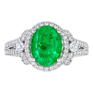 14K Yellow Gold Emerald Diamond Cocktail Ring Oval Colombian Emerald Estate For Sale