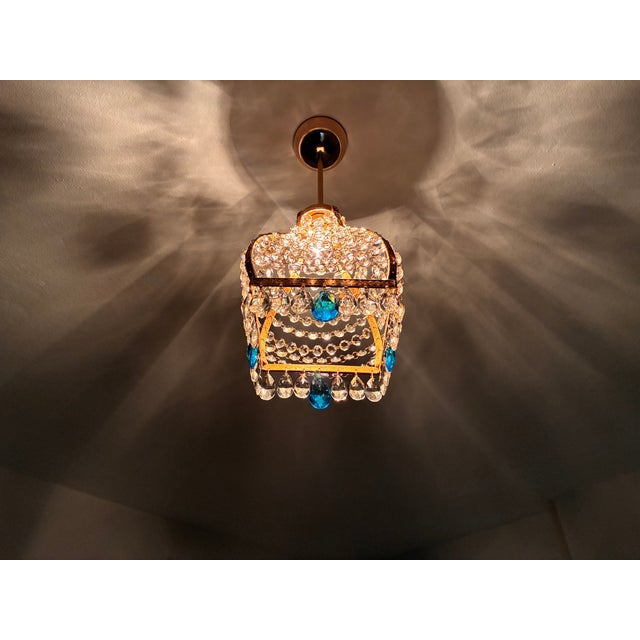 Vintage French Empire Brass & Crystal Pendant Light With Aqua Blue Drops - Restored For Sale - Image 14 of 17