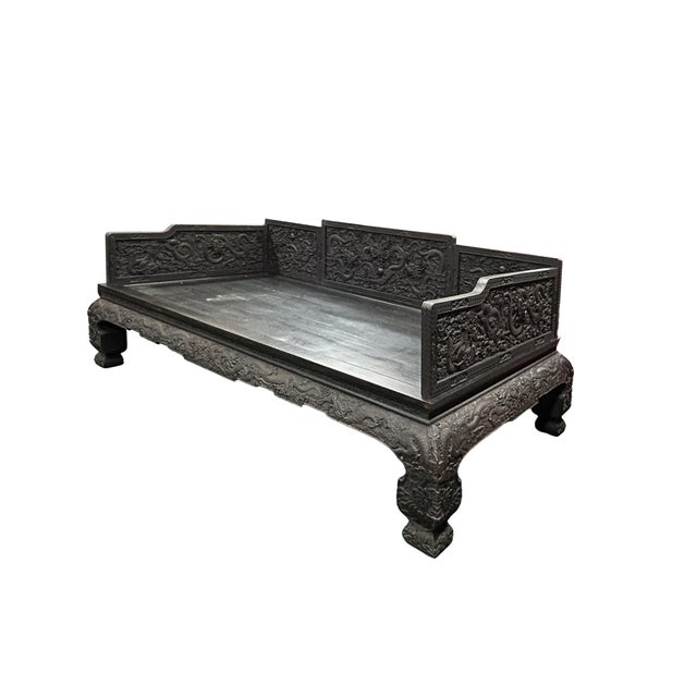 Oriental Dragon Relief Motif Solid Dense Tan Wood Luohan Daybed For Sale - Image 10 of 16