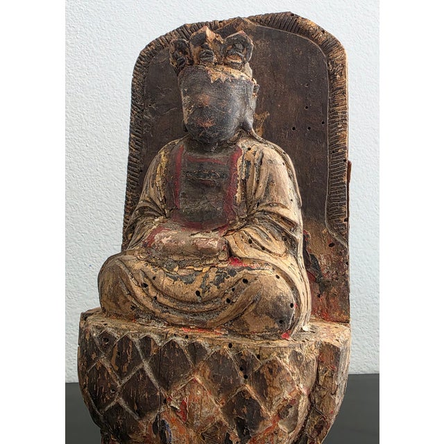Ming Dynasty Antique Chinese Carved Gilded Wood Bodhisattva Figure Statue For Sale - Image 4 of 18