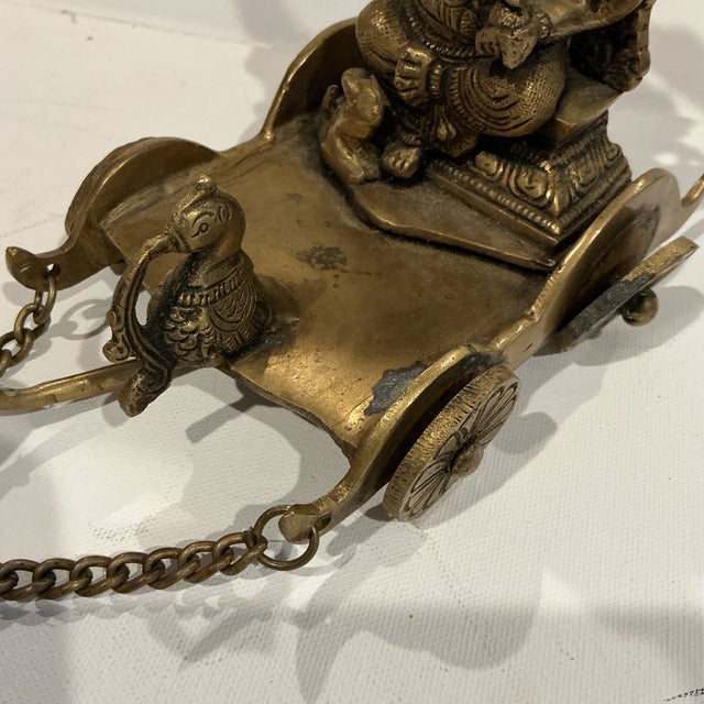1980s 1980s Brass Lord Ganesha Bhagwan Idol Ganpati Statue Sitting on Mouse Driven Chariot For Sale - Image 5 of 10