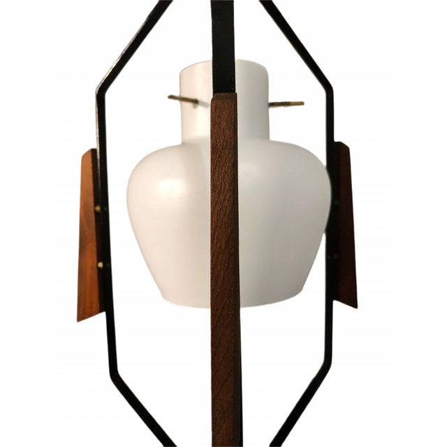 Wood Stilnovo Italian Opaline Hanging Lamp, 1960s For Sale - Image 7 of 8
