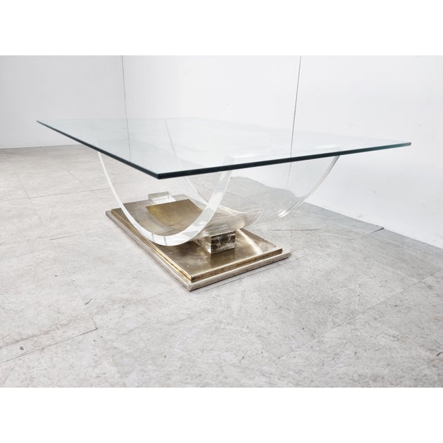 Gold Acrylic Glass and Brass Arch Coffee Table, 1970s For Sale - Image 8 of 12