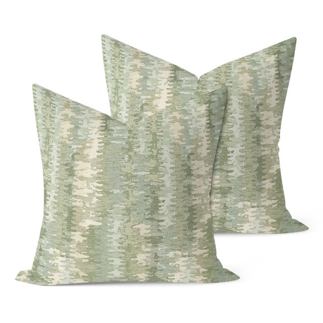 Pair of handcrafted pillows fashioned with Mokum Atlas in Willow fabric on the front and backed in a flax colored linen....