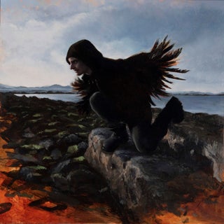 Icarus by Ximena Rendon | Oil on aluminum panel depicting a figure with wings on a rocky shore. For Sale