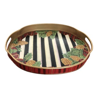 Vintage Mackenzie-Childs Christmas Holiday Holly Berry Pine Cone Toleware Tray For Sale