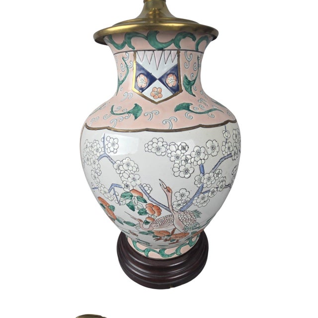 Pink Pair of Chinoiserie Porcelain Ginger Jar Table Lamps With Cranes and Prunus, Pink For Sale - Image 8 of 10