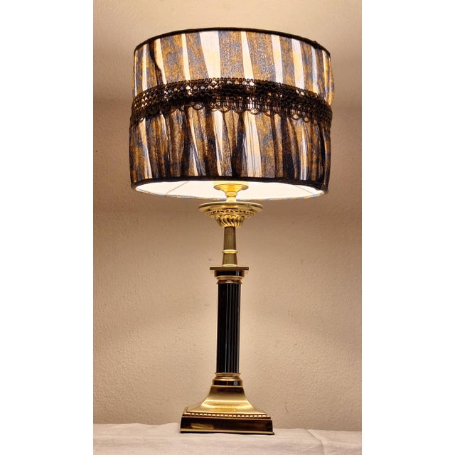 Vintage Table Lamp with Ornate Brass Base and Blue Fabric Shade, 1990s For Sale - Image 6 of 7