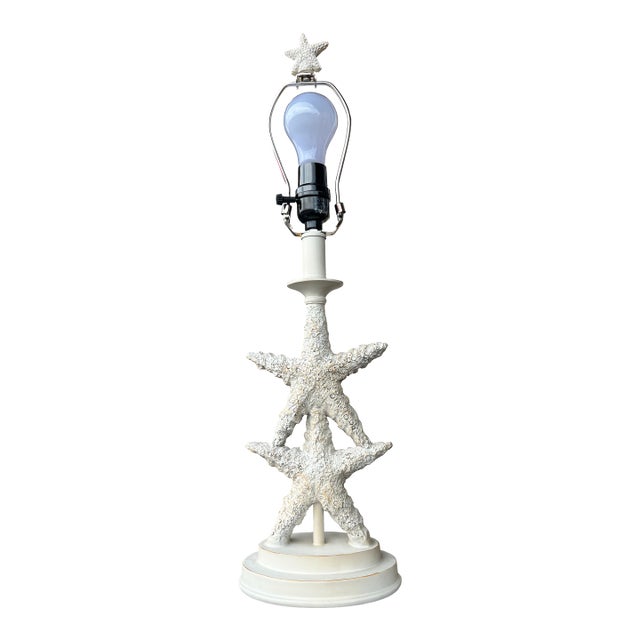 Vintage Coastal White Stacked Starfish Table Lamp With Starfish Finial For Sale