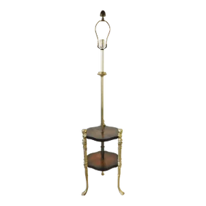 Vintage Mid Century Solid Brass Figural Woman Claw Foot Mahogany Wood Floor Lamp Table