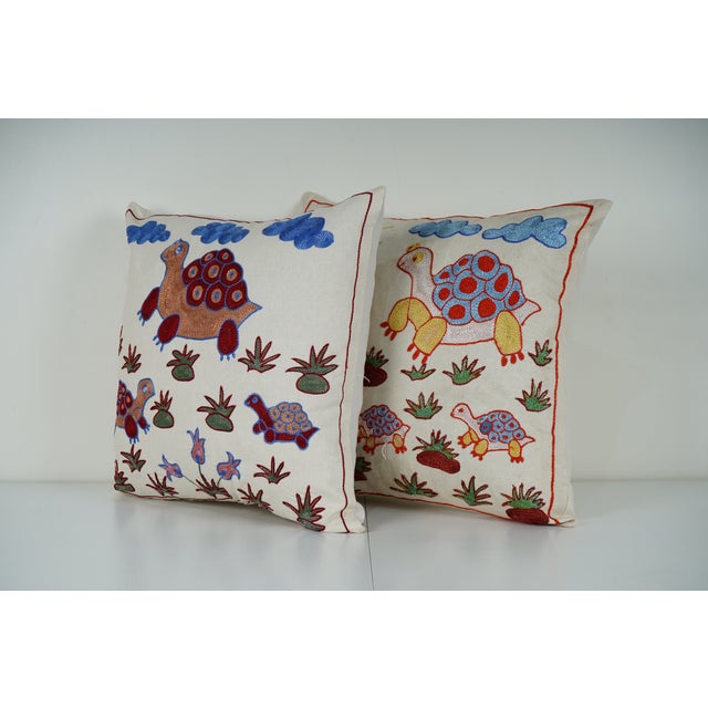 Mid-Century Modern Suzani Turtle Pillow Cover - A Pair For Sale - Image 3 of 6