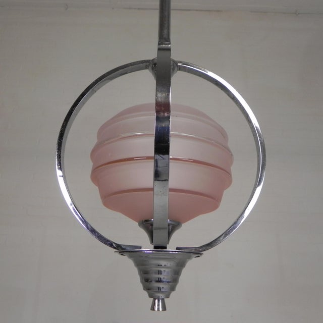 Metal Art Deco Pendant Lamp with Glass Shade and Chrome Frame, 1930s For Sale - Image 7 of 18