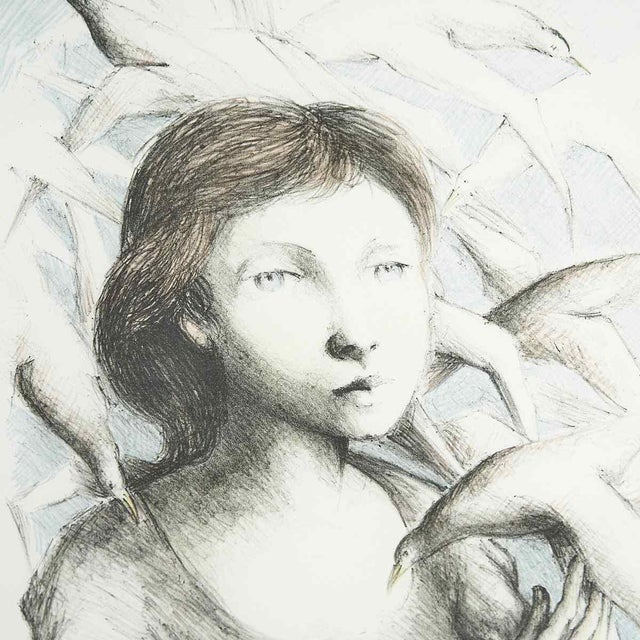Lithograph 80/200, Young Woman Surrounded by Birds by Domenico Purificato