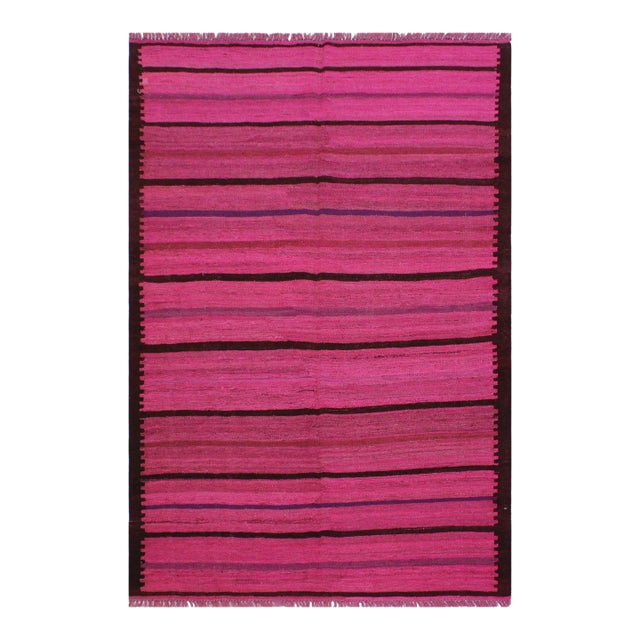 Bohemian Kilim Pink Purple Wool Rug - 4'11" X 6'8" For Sale